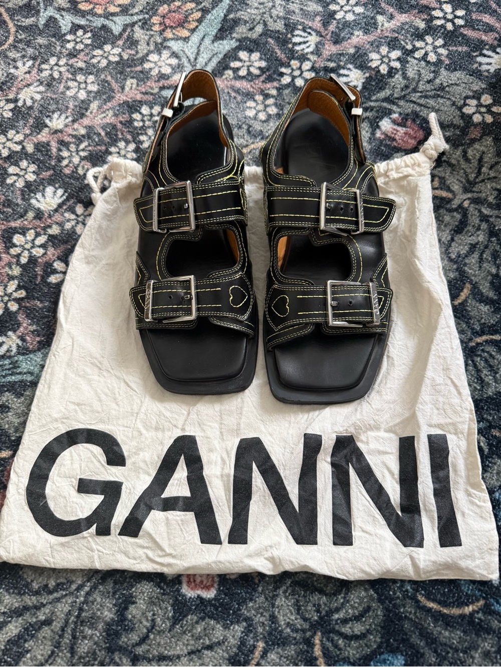 Ganni Western Embroidered Black Leather Sandals - Picture 4 of 6